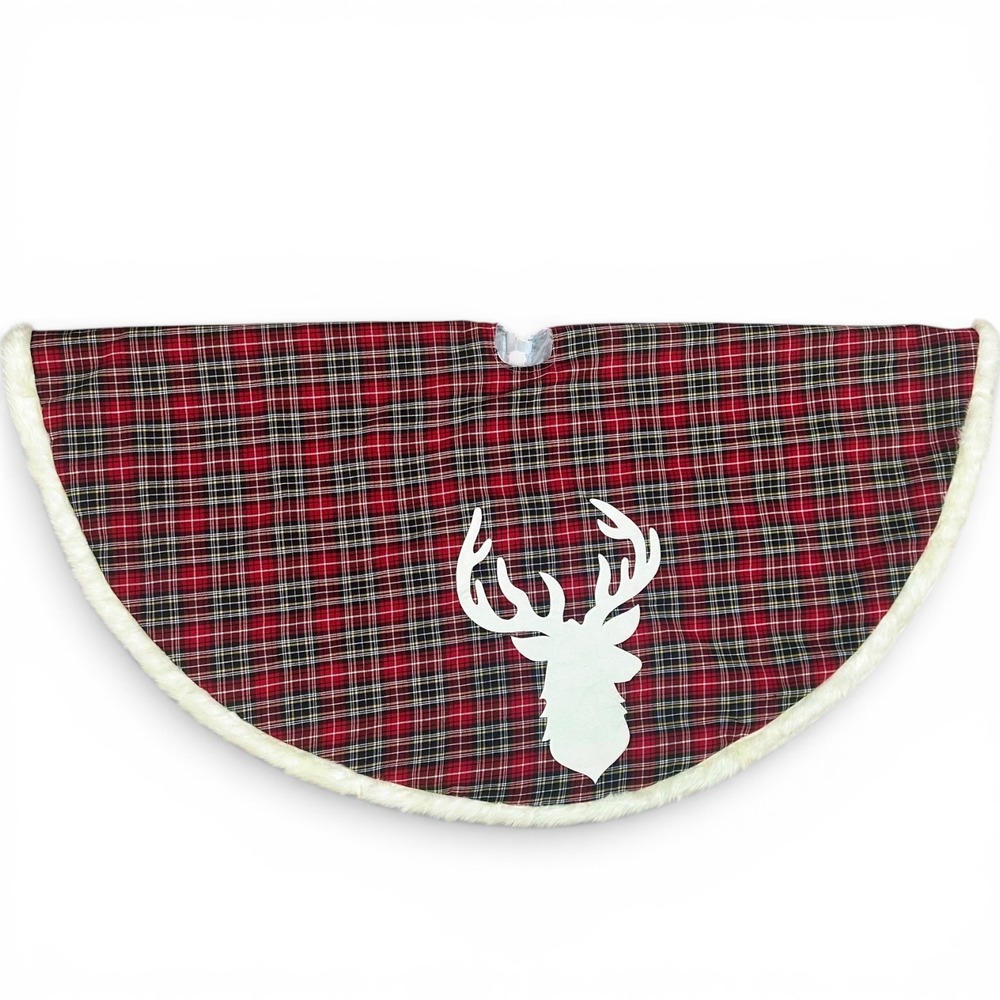St Nicks Choice Plaid Christmas Tree Skirt Reindeer Applique Faux Fur Trim 56in